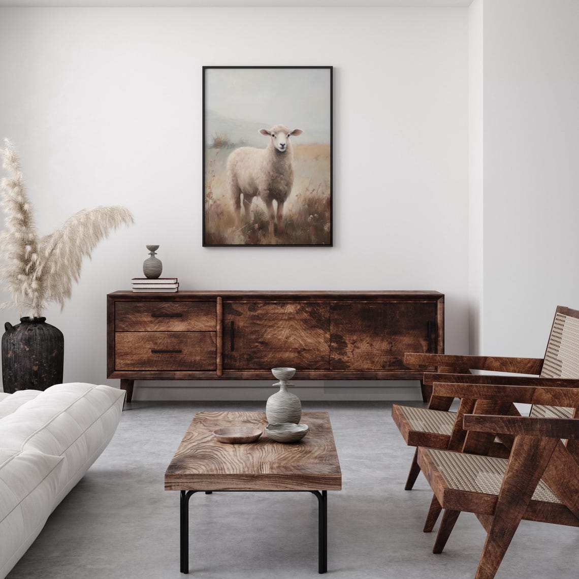 White Sheep In Misty Meadow Vintage Farmhouse Rustic Decor Poster - Image 2