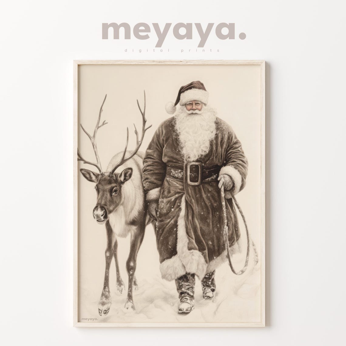 Sepia Santa Claus with Reindeer Walking Snow Rustic Vintage Art Poster - Image 3