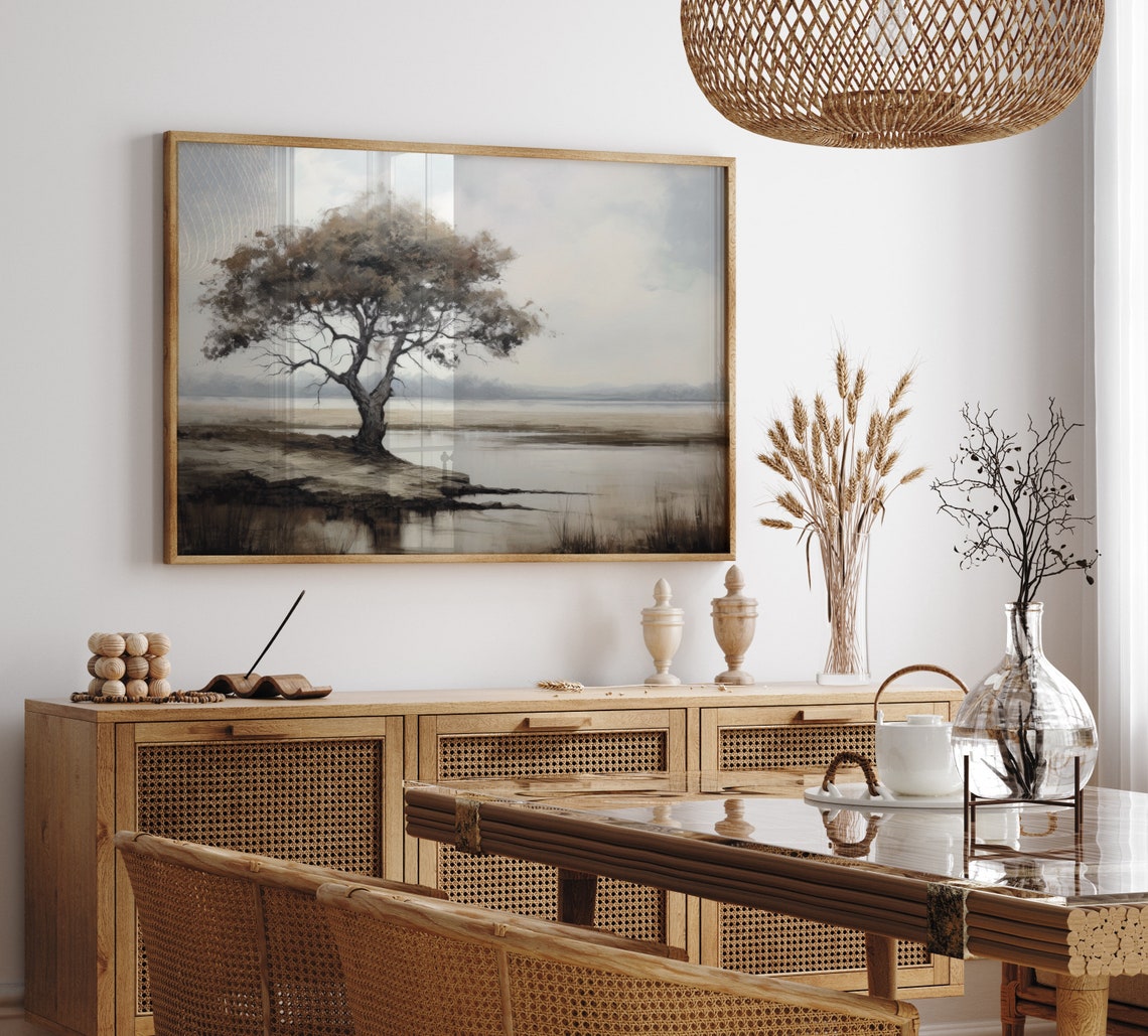Lone Tree On A Rocky Shore By A Calm Lake Muted Landscape Poster - Image 6