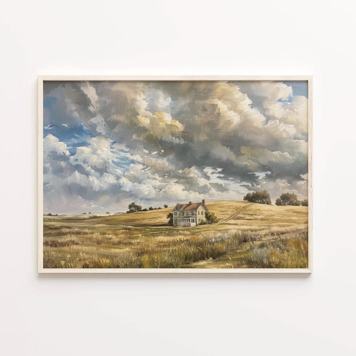 French Country Landscape Painting Landscape Art Vintage Farmhouse Art Decor Spring Countryside Print Cloudy Sky Oil Painting - Image 3