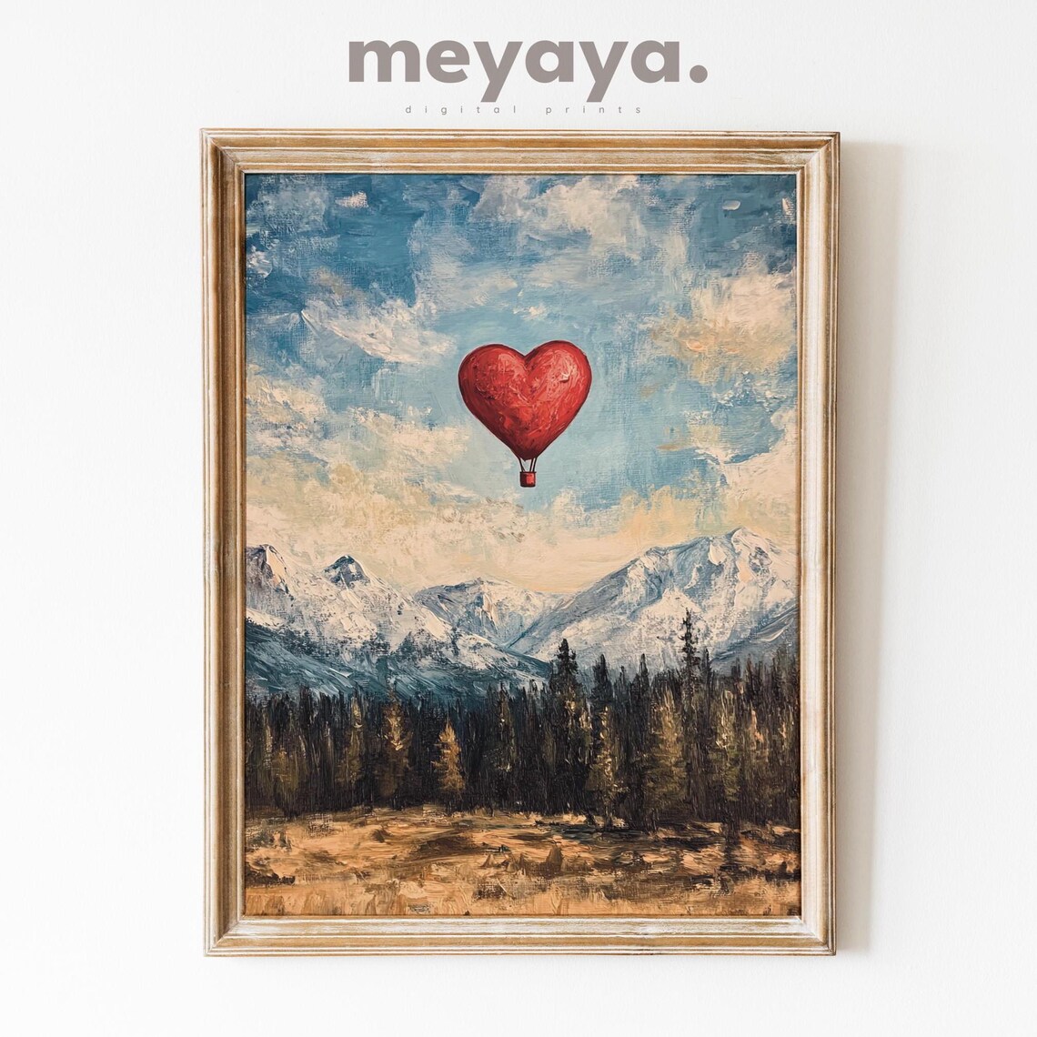 Red Heart Hot Air Balloon Over Moody Mountain Peaks Wall Print