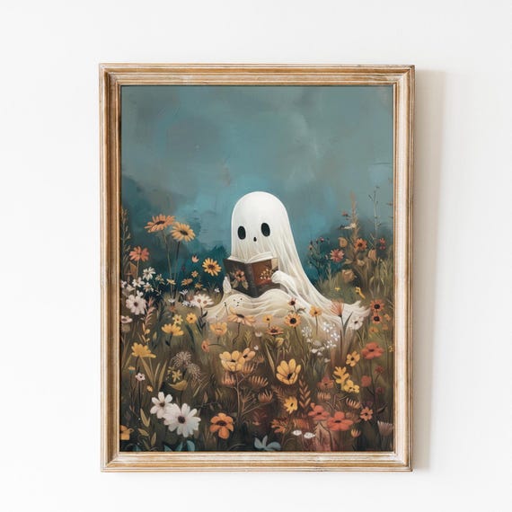 Cute Ghost Reading on Flower Field, Vintage Halloween Art