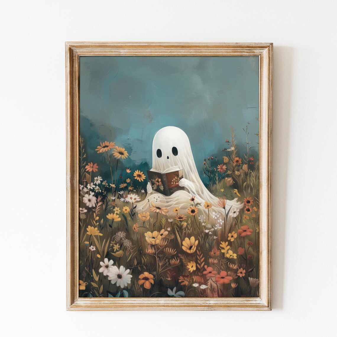 Cute Ghost Reading on Flower Field, Vintage Halloween Art