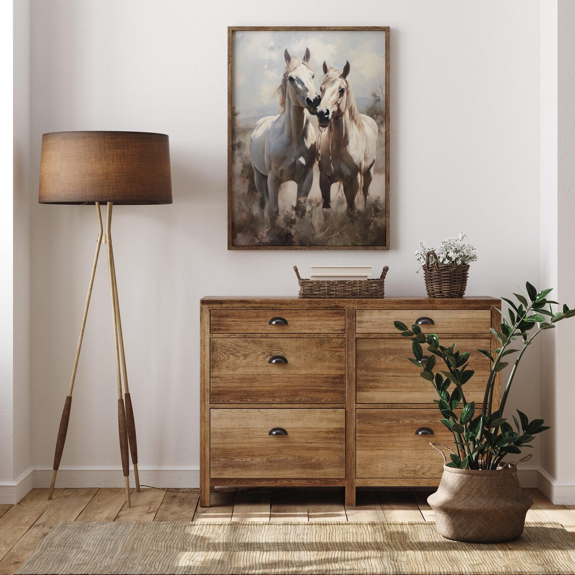 Pair Of White Horses Nuzzling In A Meadow Vintage Equestrian Poster - Image 5