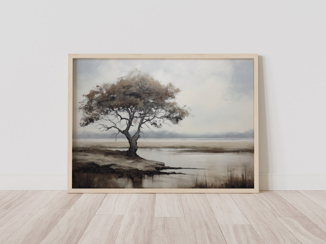 Lone Tree On A Rocky Shore By A Calm Lake Muted Landscape Poster - Image 2