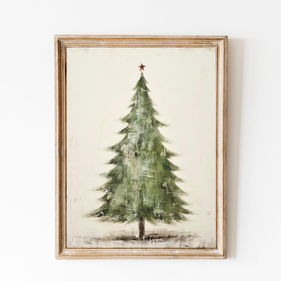 Painted Green Christmas Tree Red Star Vintage Farmhouse Holiday Poster