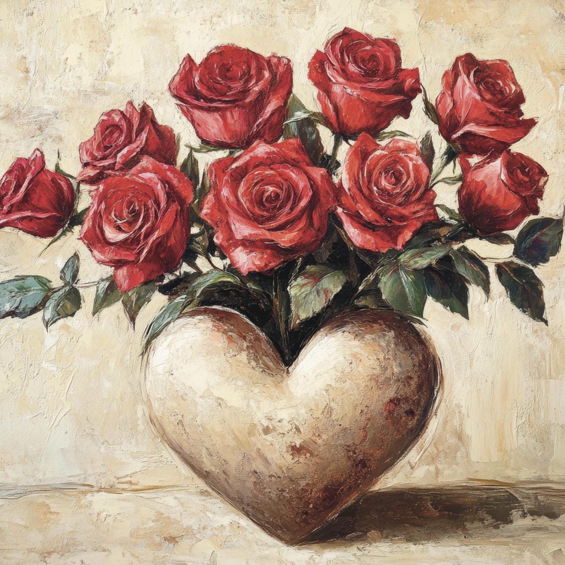 Red Roses Heart Shaped Vase Vintage Romantic Floral Wall Print - Image 6