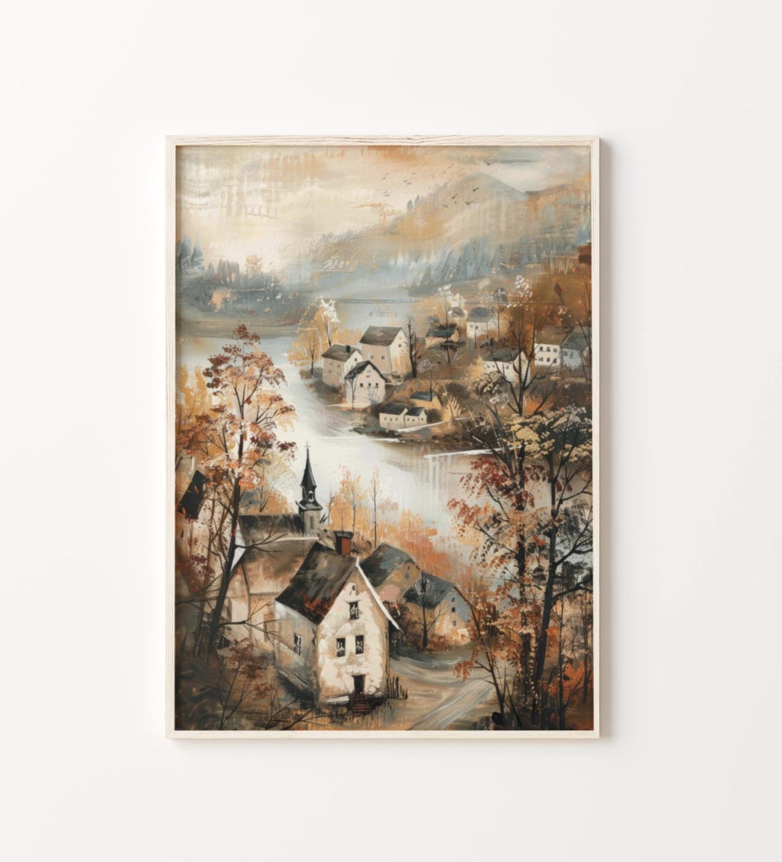 Autumn Village By Lake Church Fall Trees Vintage Landscape Poster - Image 5