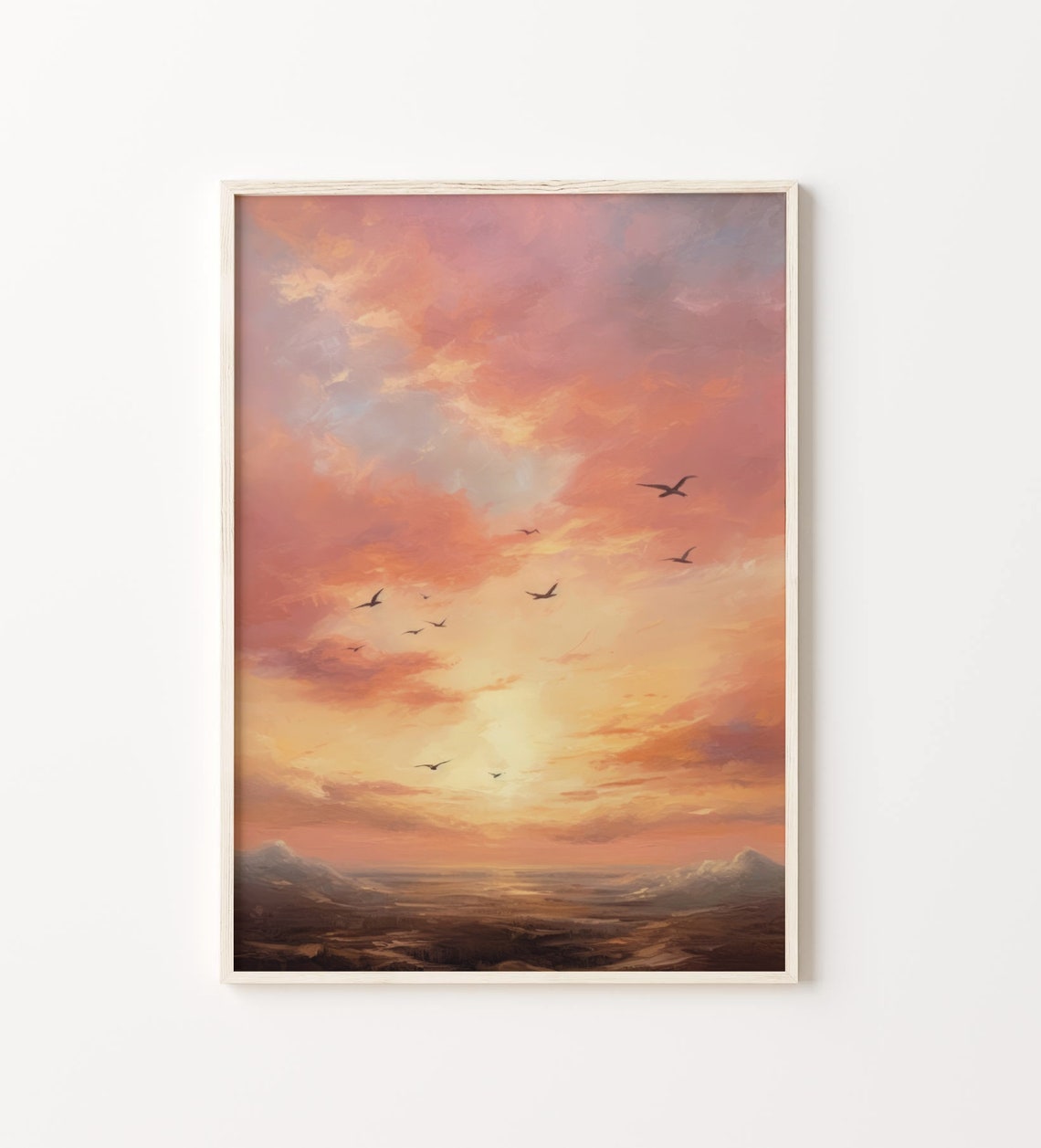 Pink Sunset Sky With Birds Seascape Oil Painting Romantic Poster - Image 5