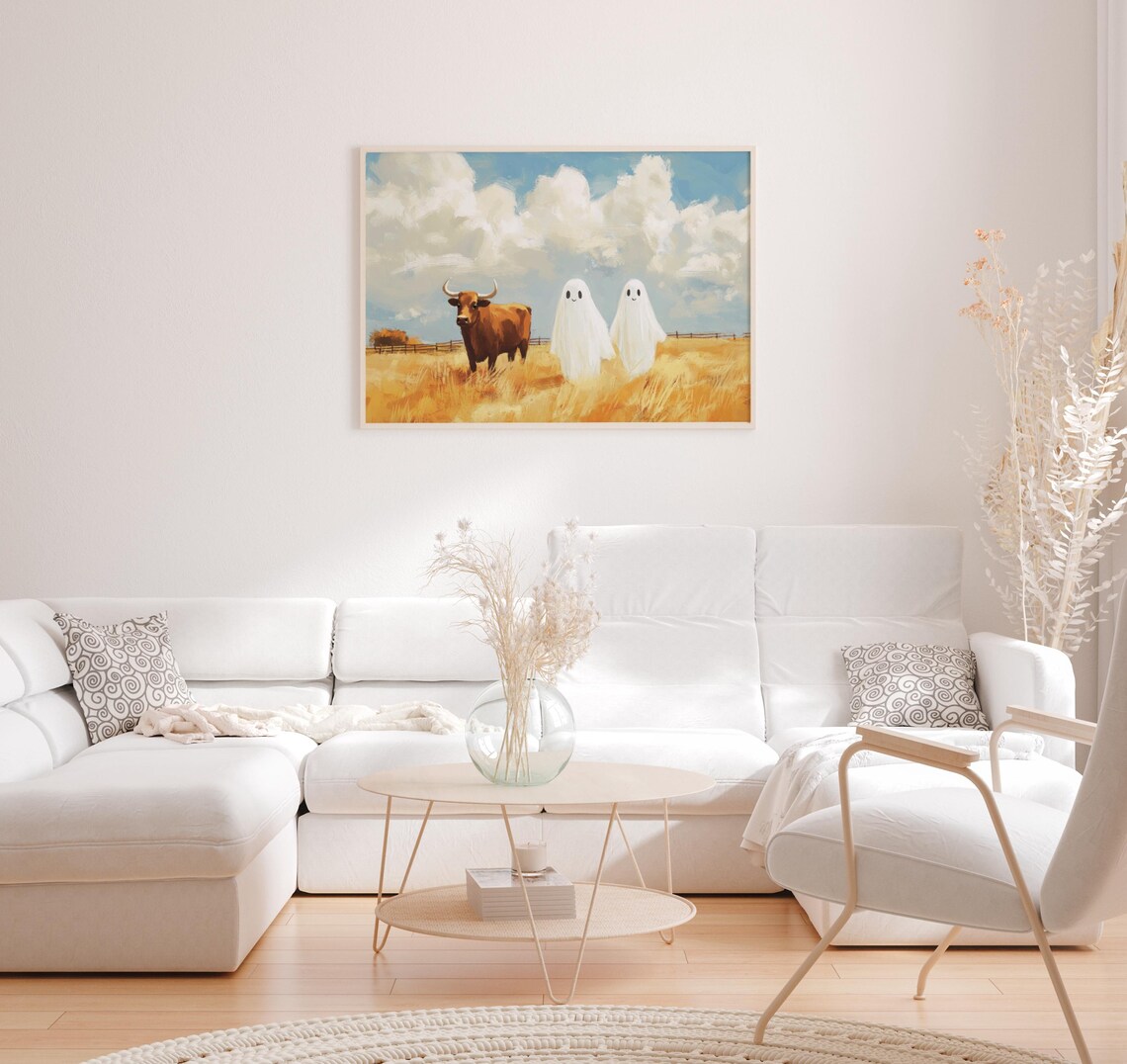 Longhorn Cow and Two Ghosts Golden Pasture Painting Wall Poster - Image 5