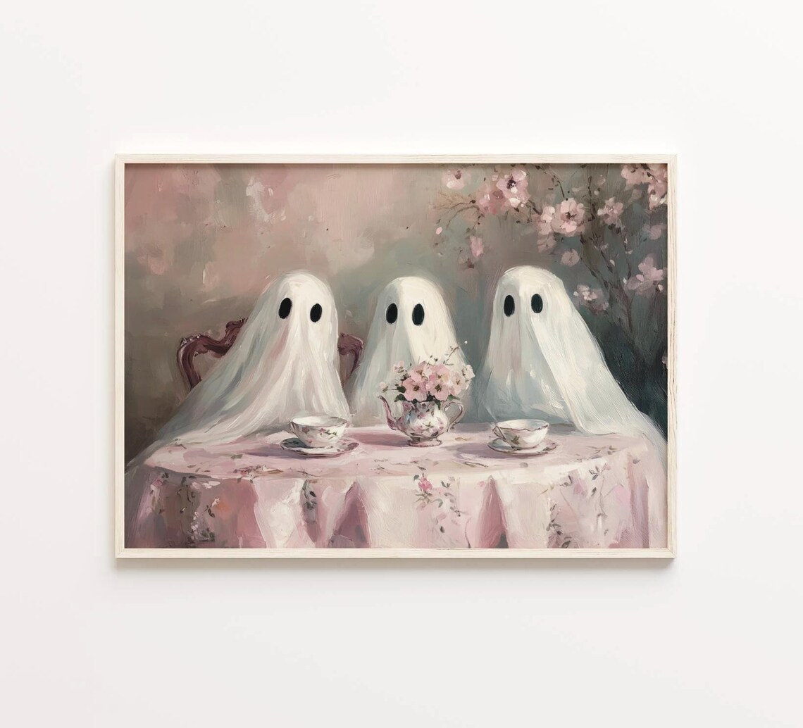 Vintage Ghost Tea Party Art Print, Pink Halloween - Image 4