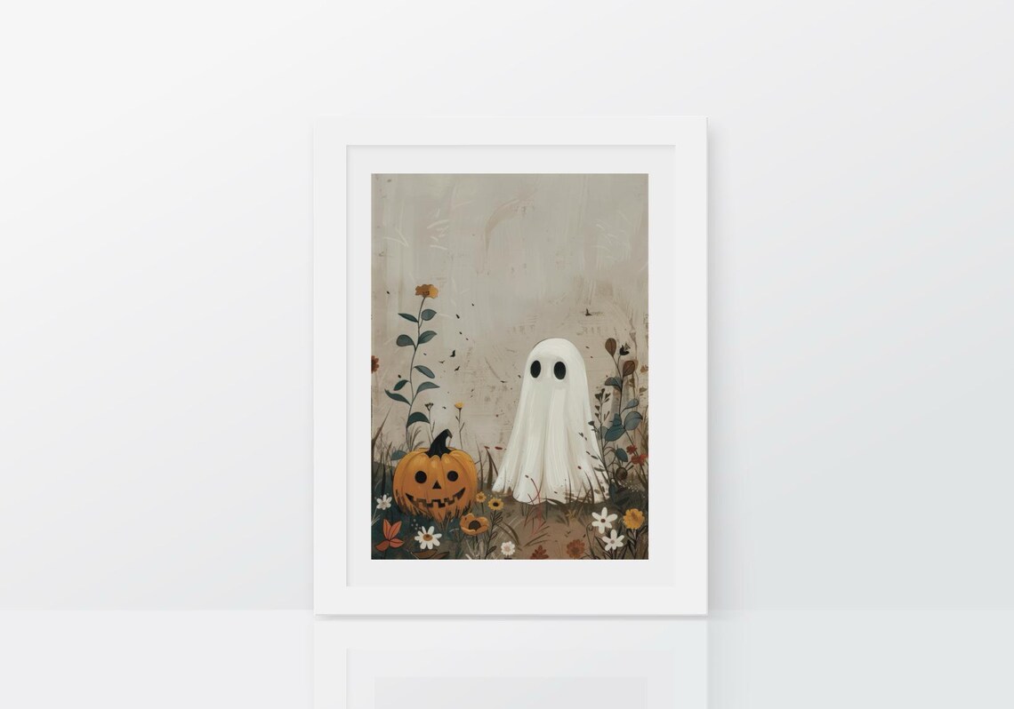 Cute Ghost With Halloween Pumpkin, Watercolor Art Print - Image 2