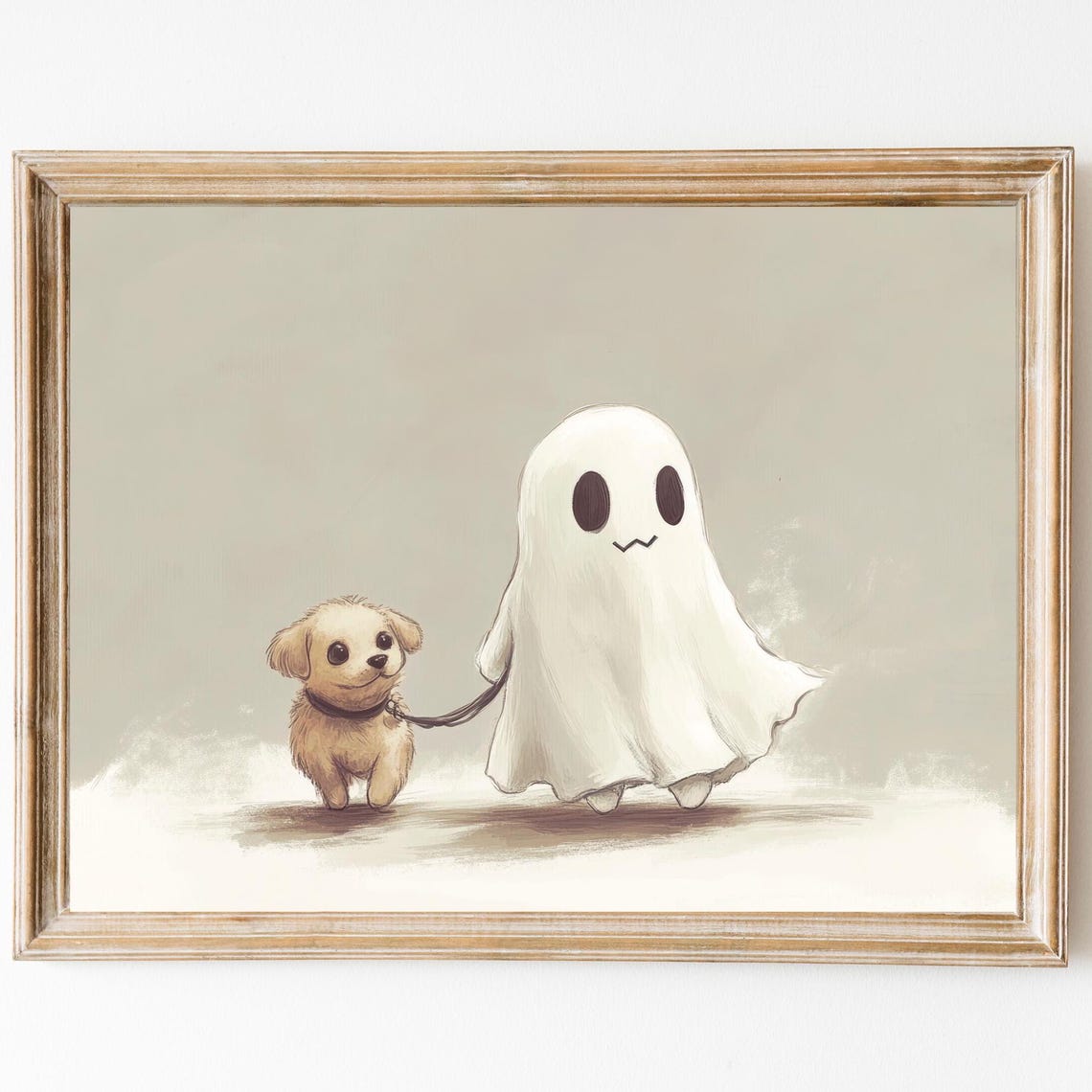 Cute Ghost Walking A Fluffy Puppy Dog On A Leash Halloween Poster