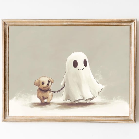 Cute Ghost Walking A Fluffy Puppy Dog On A Leash Halloween Poster