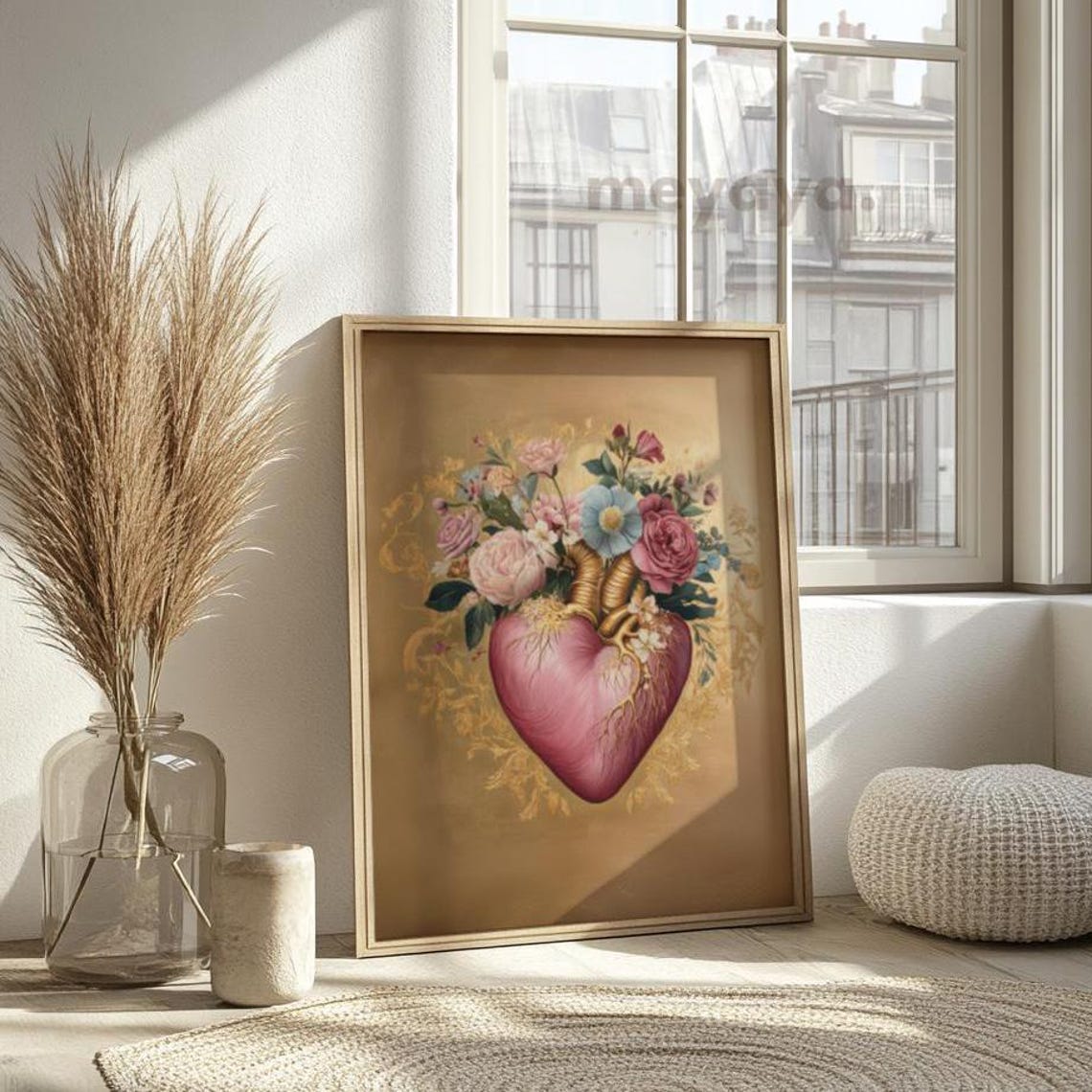 Gold Pink Floral Anatomical Heart Romantic Painting Wall Print - Image 3