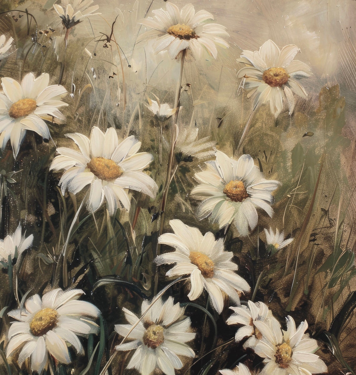 White Daisy Meadow Oil Painting Vintage Farmhouse Flower Poster - Image 6