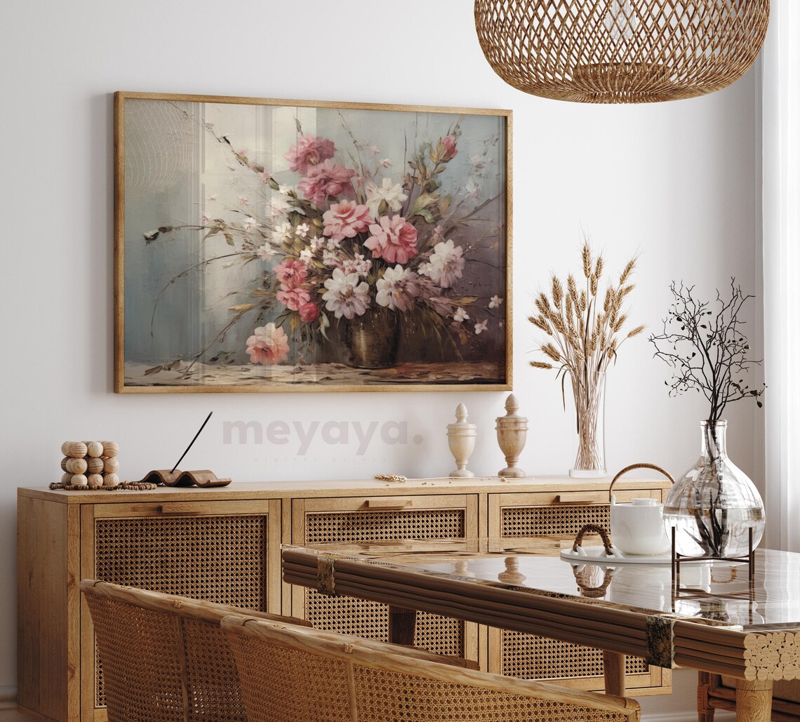 Pink White Rose Bouquet Vintage Vase Floral Still Life Poster - Image 4