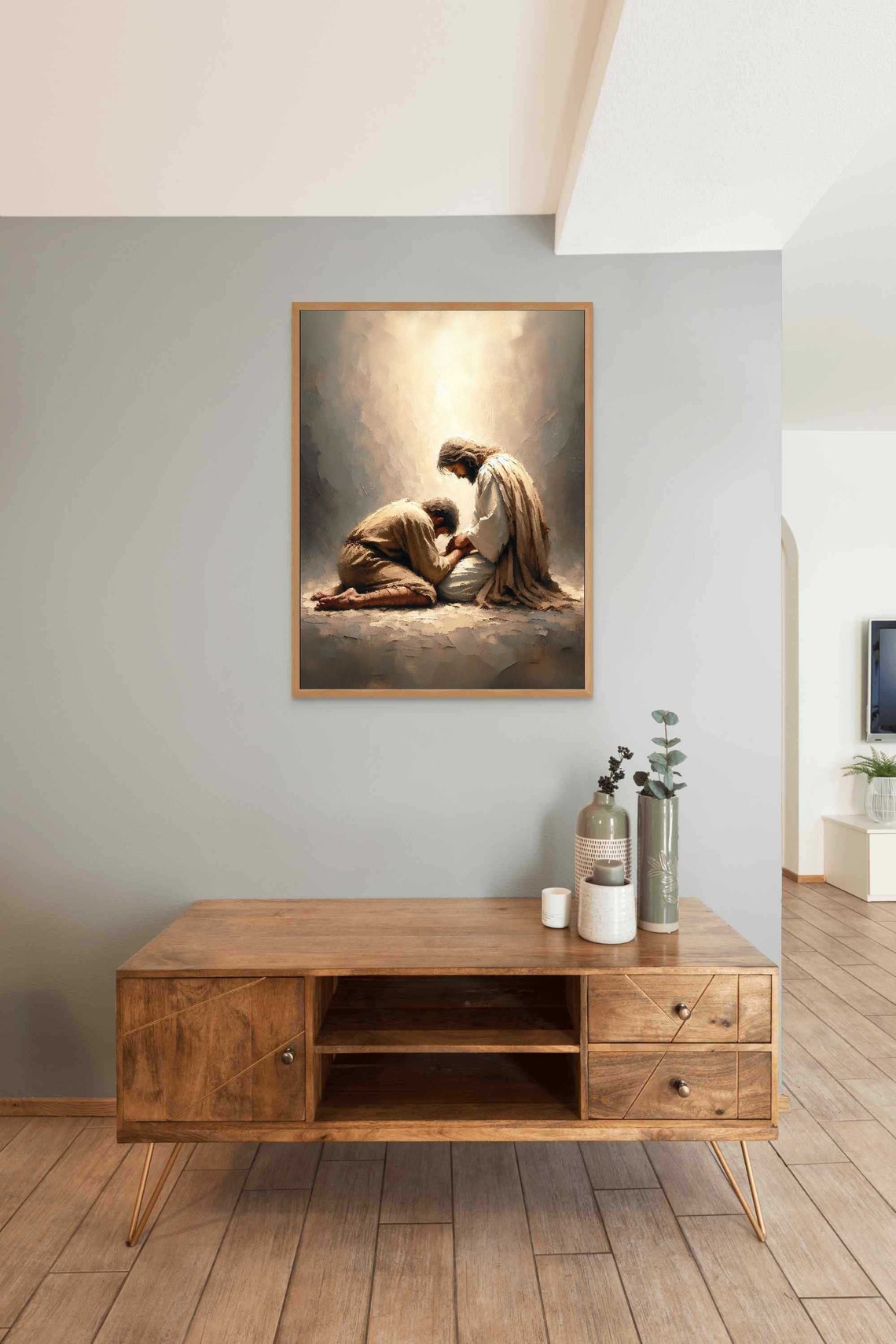 Jesus Comforting Kneeling Man Bowed In Prayer With Gentle Mercy Poster - Image 2