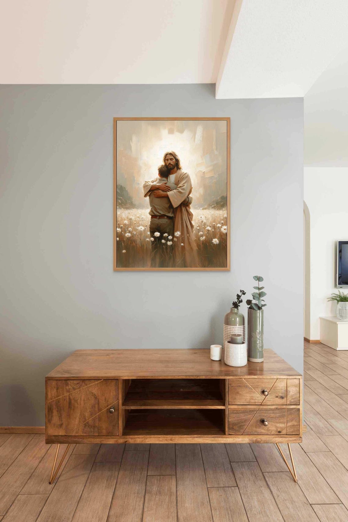 Jesus Embracing Man In Daisy Field Under Radiant Heavenly Light Poster - Image 3