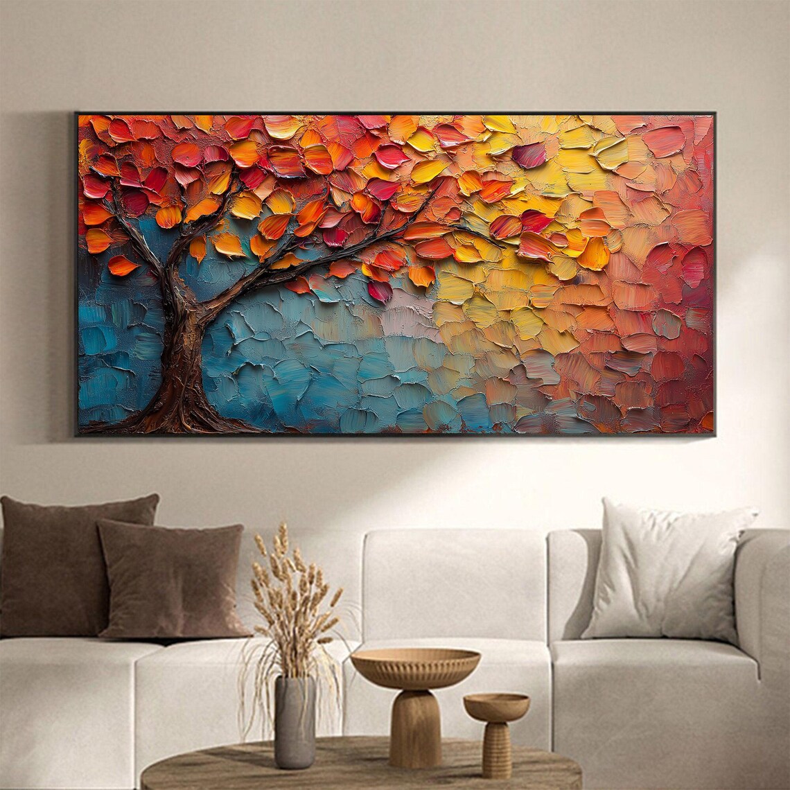 Tree of Life Red Orange Leaves Teal Textured Impasto Art Poster - Image 5