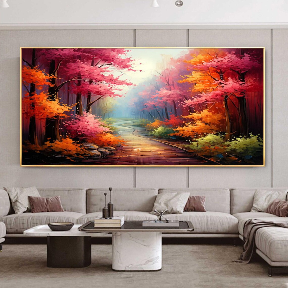 Original Forest Landscape Oil Painting On Large Wall Art Abstract Road Art Colorful Tree Wall Art Nature Painting Living Room Decor - Image 8