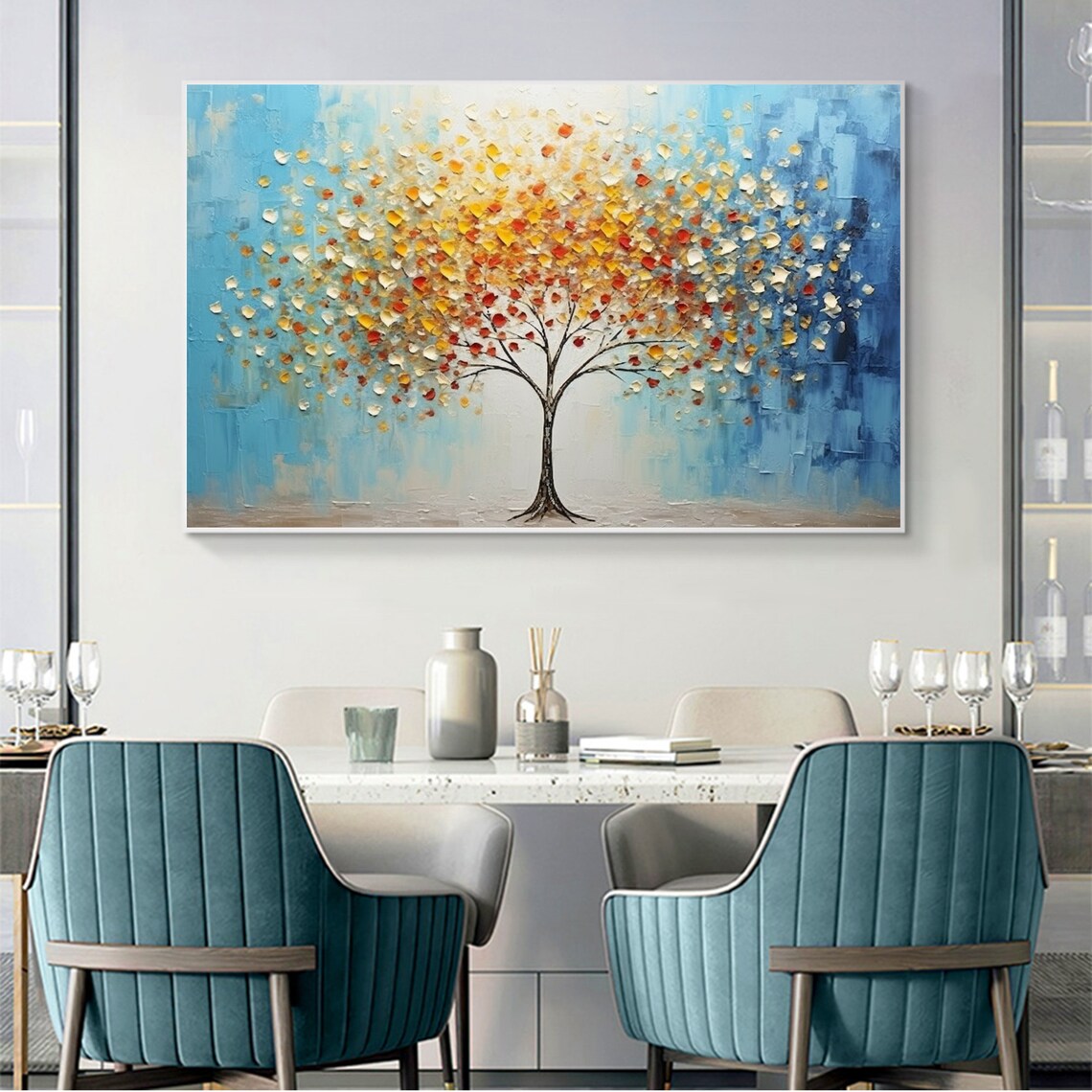 Tree of Life Golden Leaves Blue Sky Textured Canvas Art Poster - Image 3