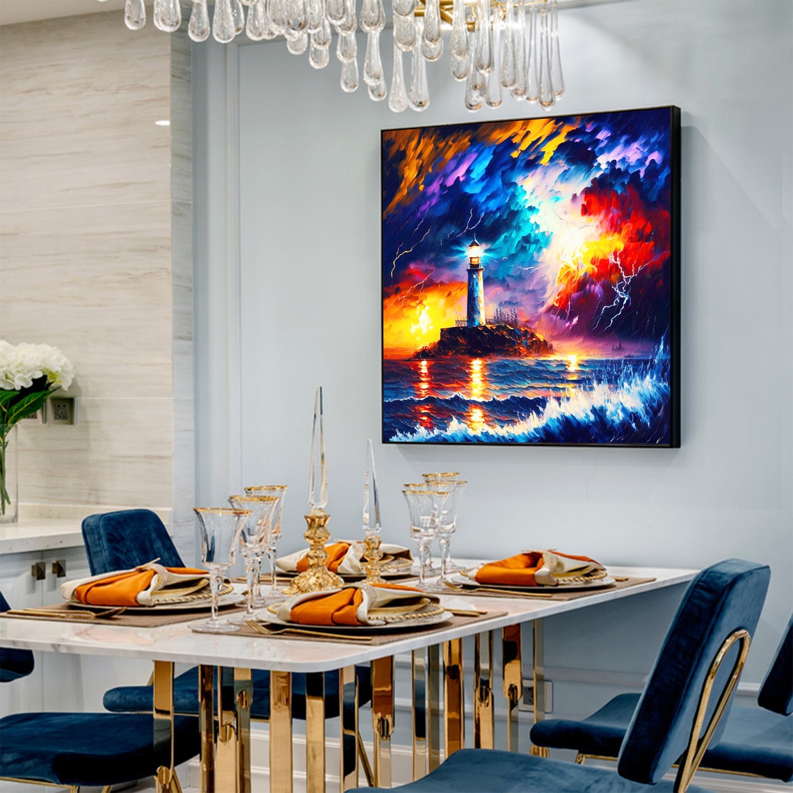 Abstract Lighthouse Oil Painting On Original Colorful Ocean Painting Large Wall Art Hand Painting Custom Painting Home Wall Decor - Image 8