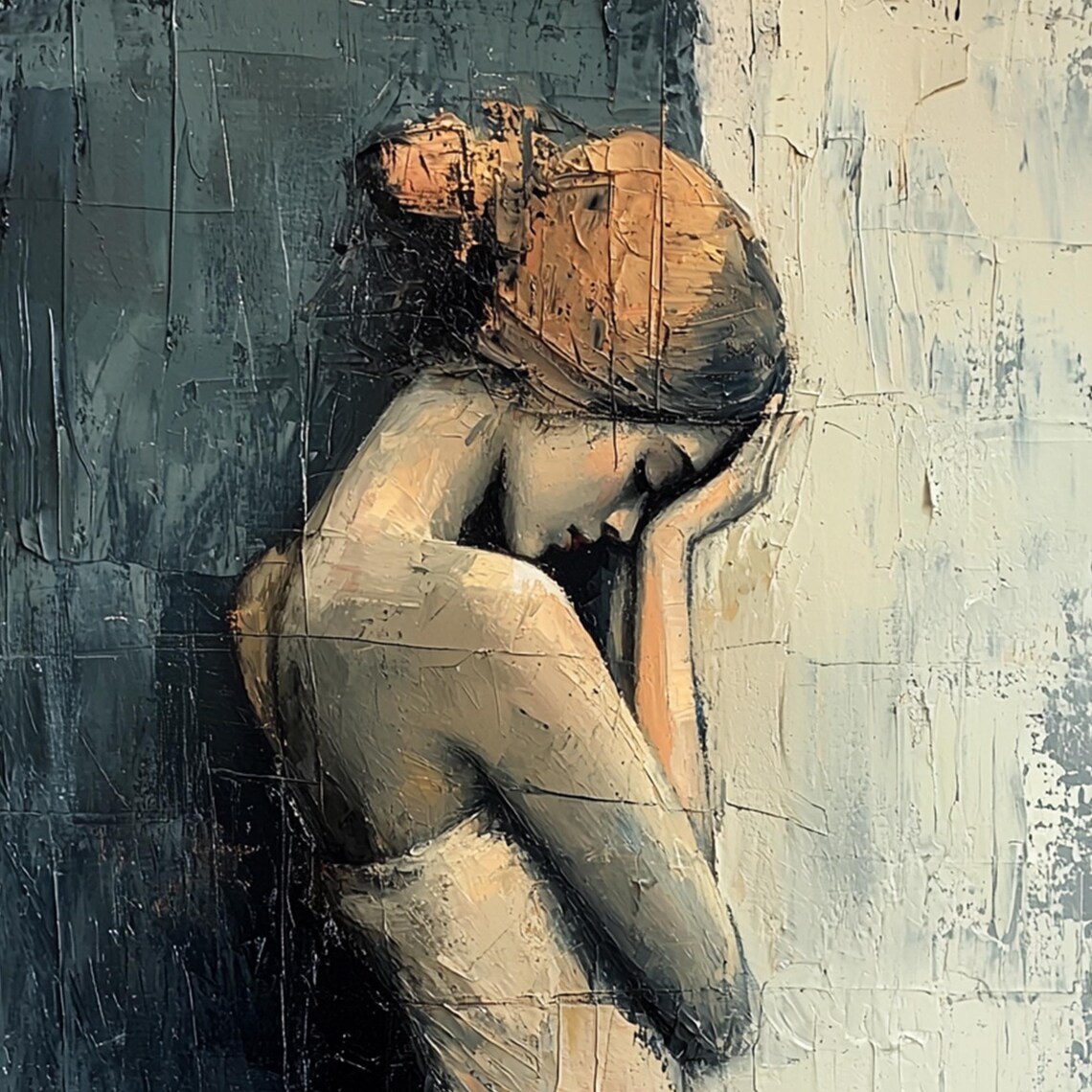 Pensive Blonde Woman Portrait Dark Teal Textured Oil Art Poster - Image 6