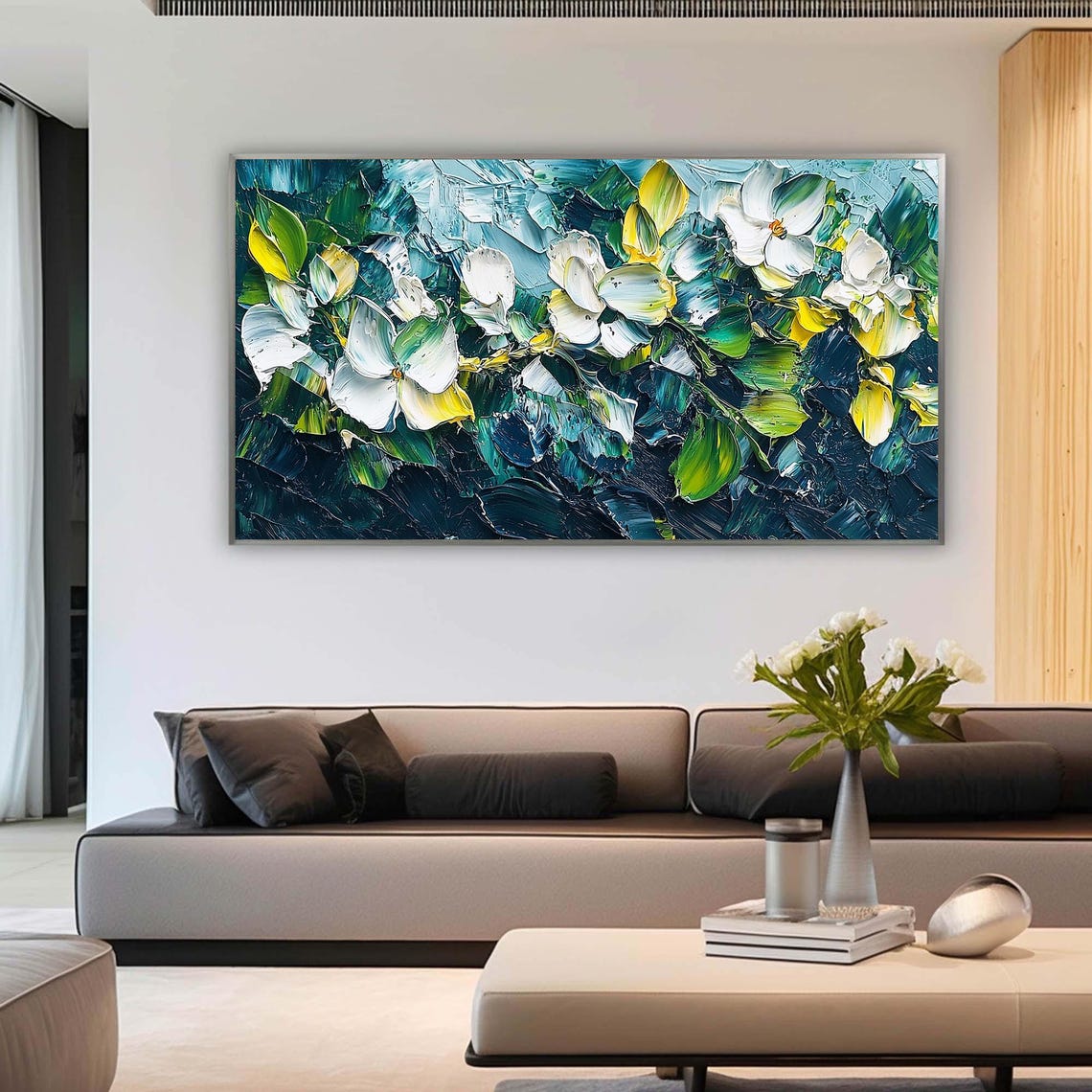 White Blossoms on Deep Teal Textured Floral Oil Painting Poster - Image 7