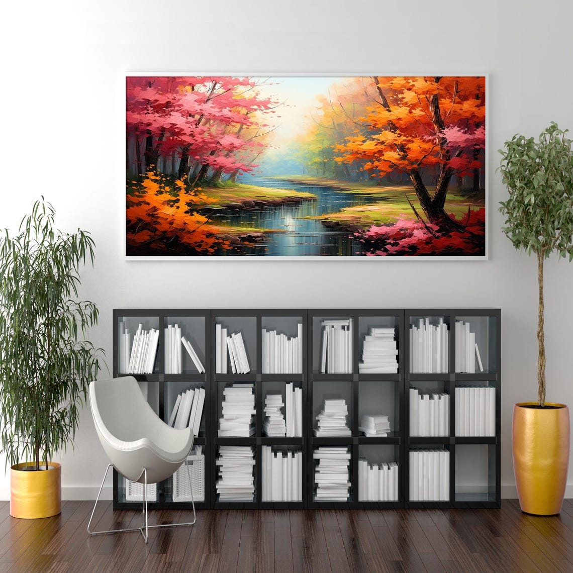 Calm River Red Orange Trees Forest Reflection Landscape Poster - Image 5