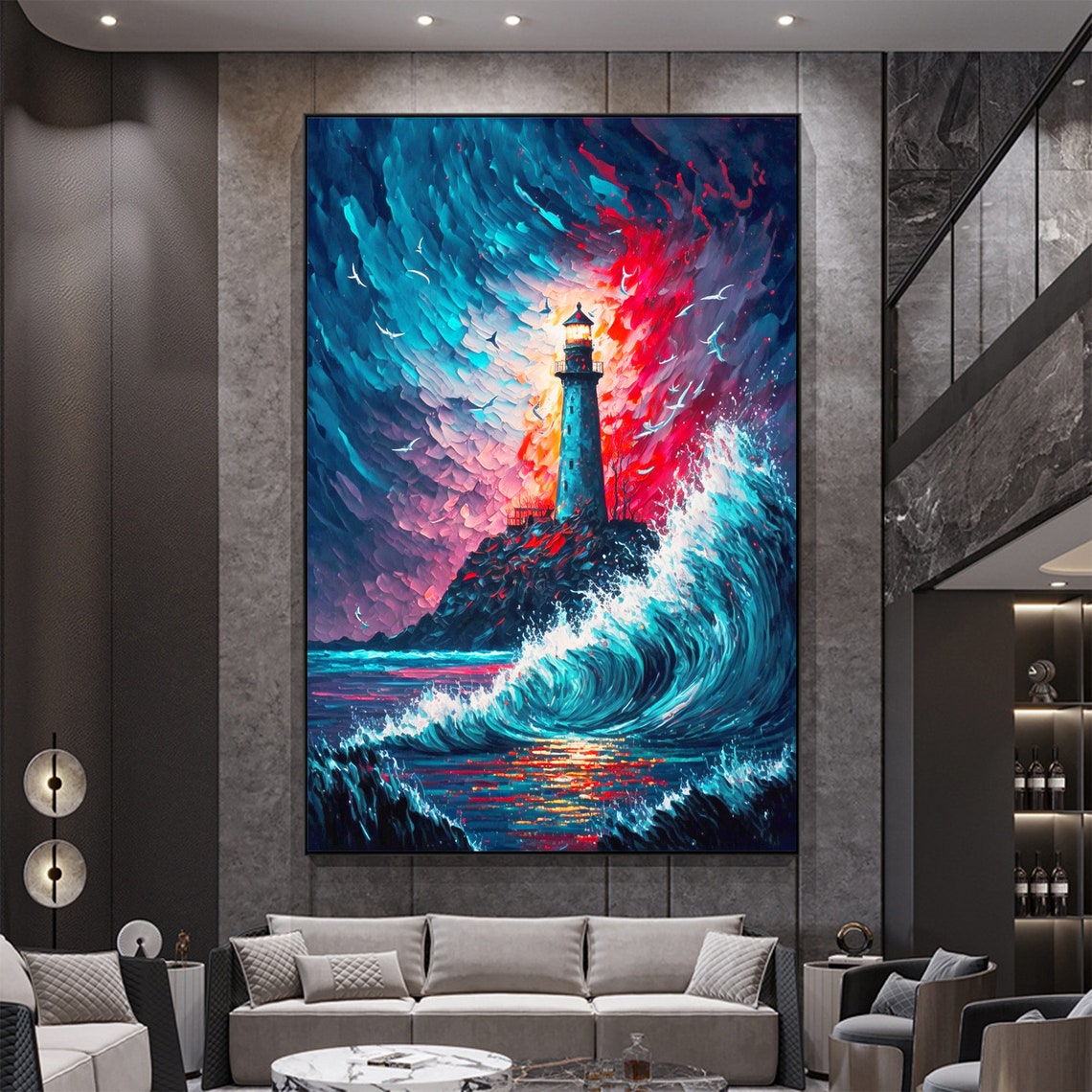 Lighthouse Against a Crashing Teal Wave Storm Oil Painting Poster - Image 8