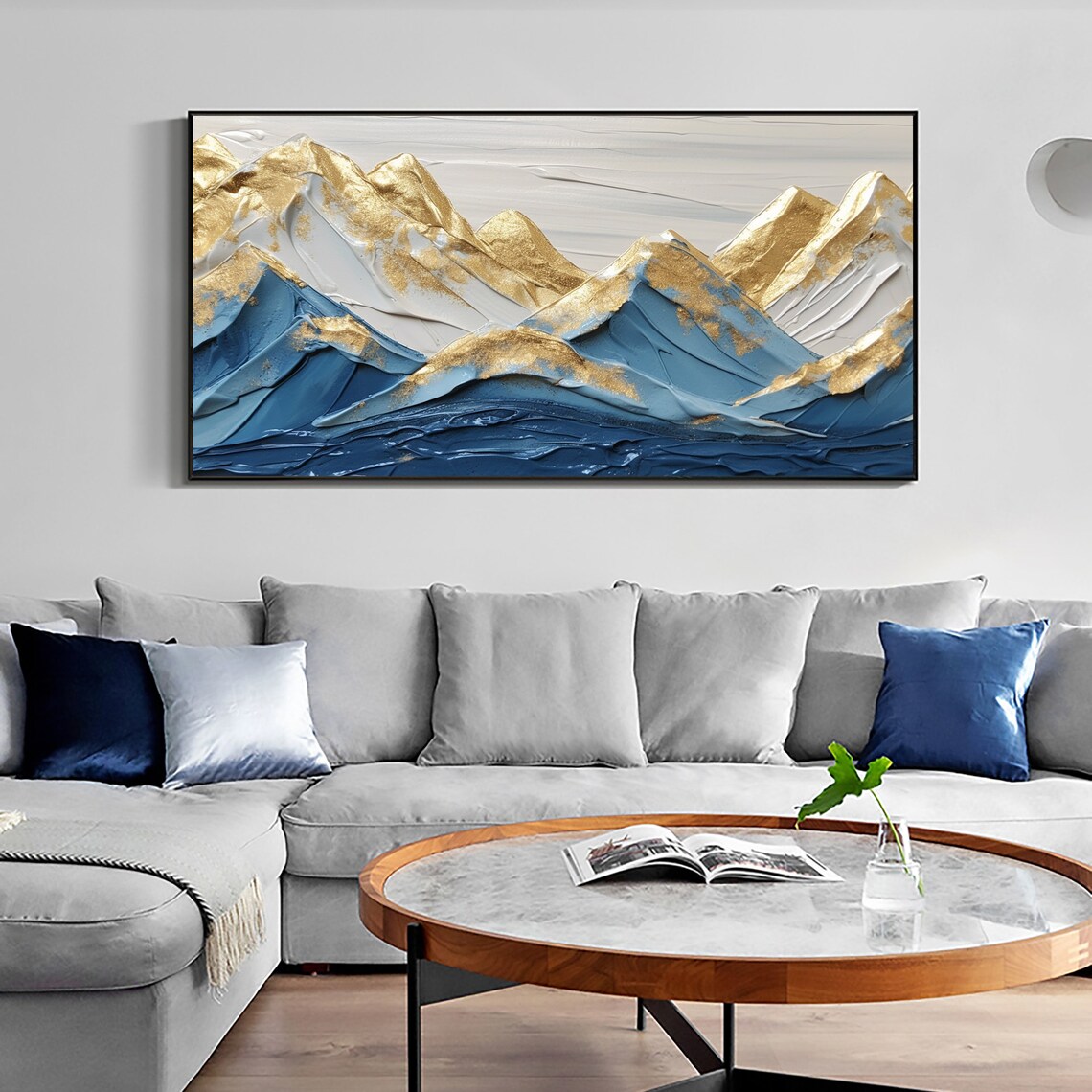 Gold Highlighted Blue Mountain Peaks Textured Impasto Oil Poster - Image 6