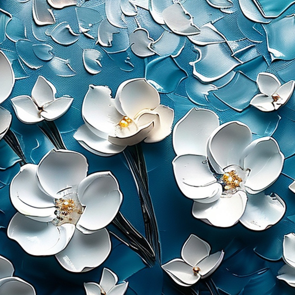 White Blossoms on Navy Blue 3D Textured Floral Oil Painting Poster - Image 6