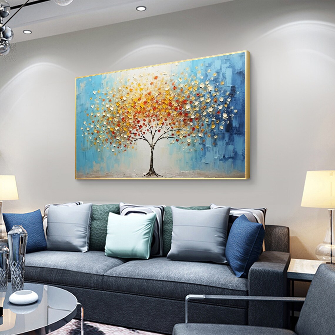 Tree of Life Golden Leaves Blue Sky Textured Canvas Art Poster - Image 4