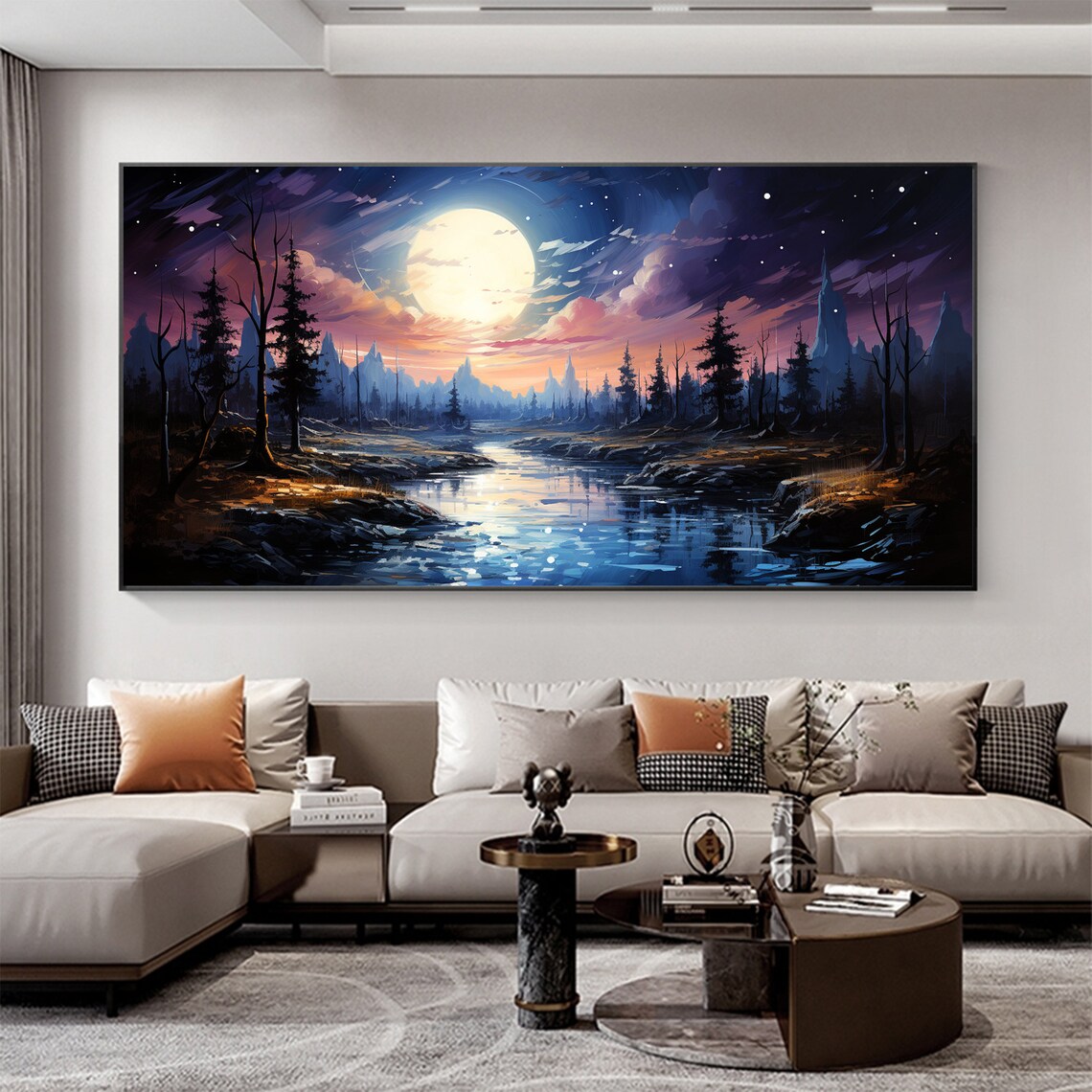 Abstract Night Lake Landscape Oil Painting On Large Wall Art Original Forest Painting Sky Wall Art Boho Wall Decor Living Room Art - Image 3