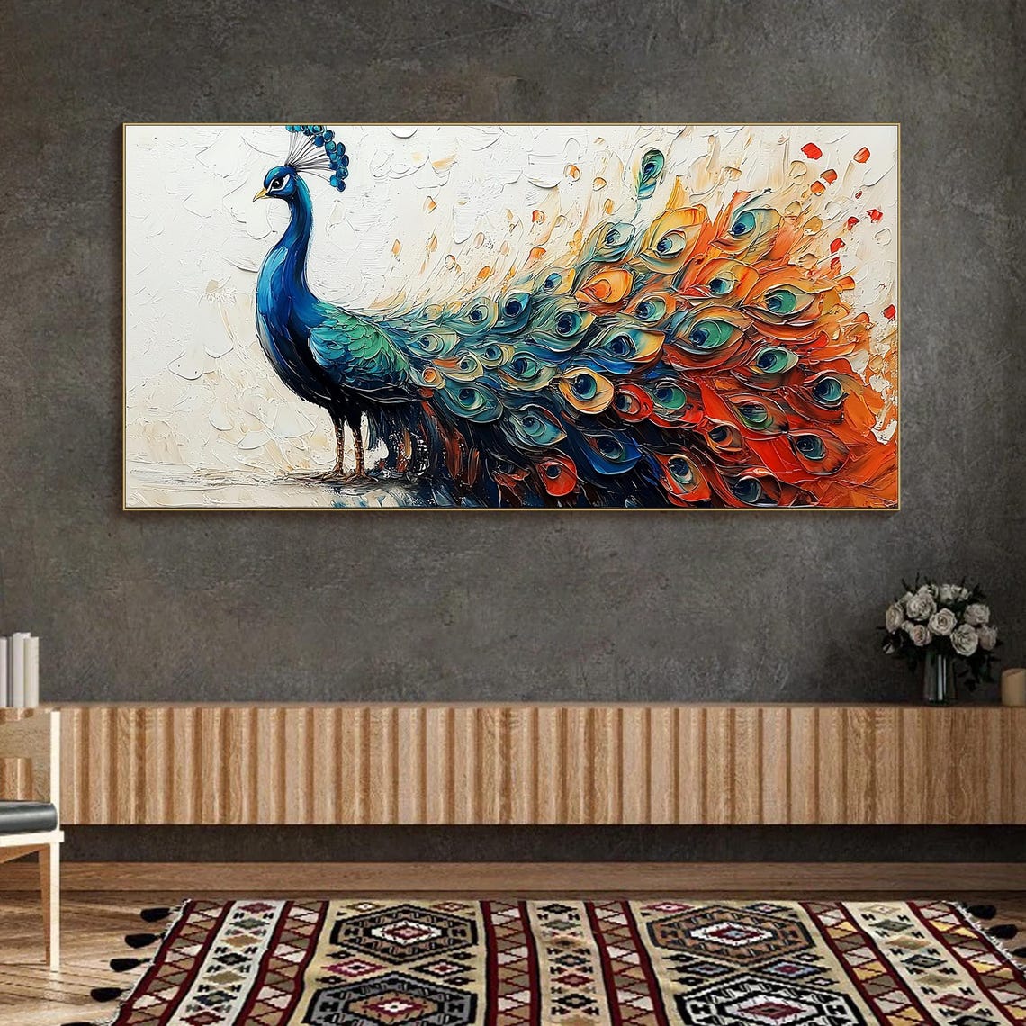 Blue Peacock With Fiery Tail Feathers Textured Oil Painting Poster - Image 2