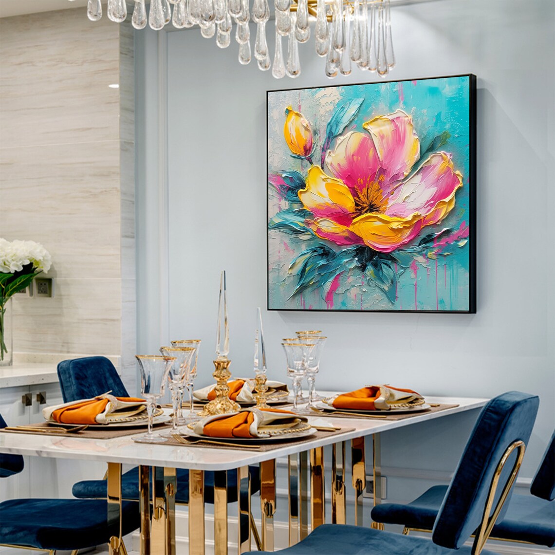 Vivid Pink Yellow Blossom Teal Leaves Bold Floral Art Poster - Image 3