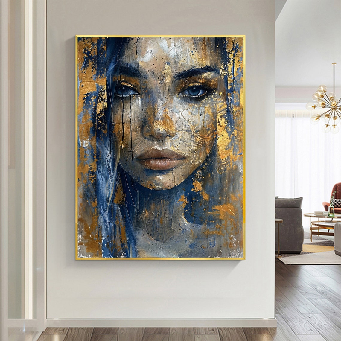 Woman Face Closeup Gold Blue Textured Abstract Portrait Poster - Image 7