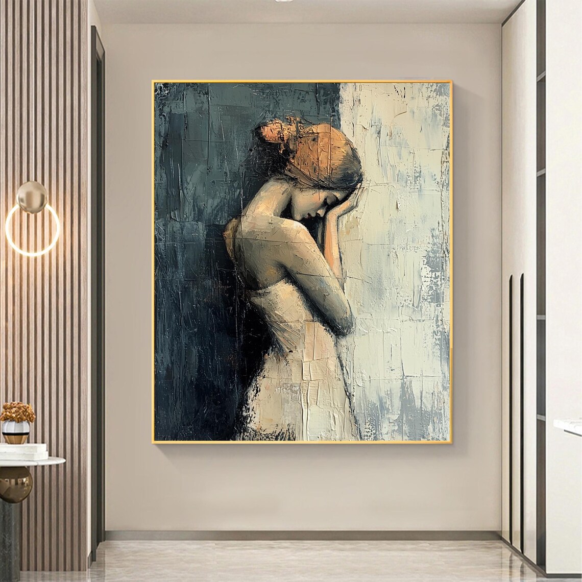 Pensive Blonde Woman Portrait Dark Teal Textured Oil Art Poster - Image 4