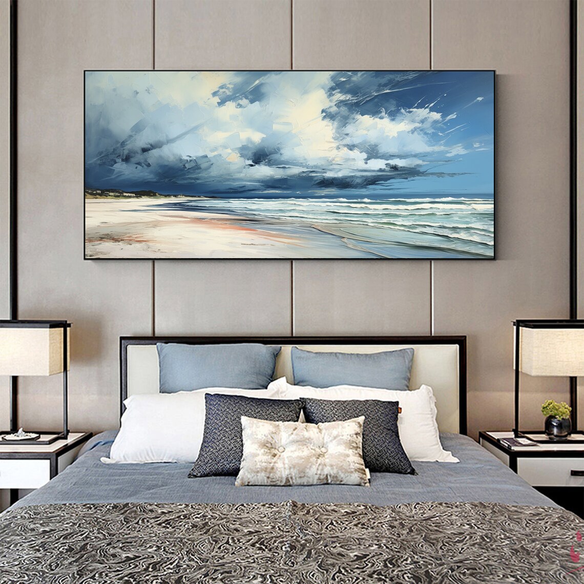 Dramatic Clouds Over a Calm Blue Beach Seascape Oil Painting Poster - Image 5