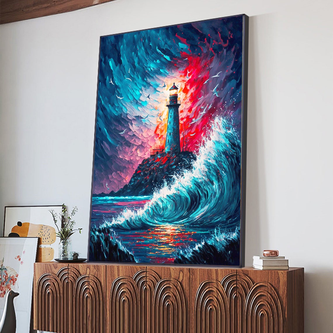 Lighthouse Against a Crashing Teal Wave Storm Oil Painting Poster - Image 6