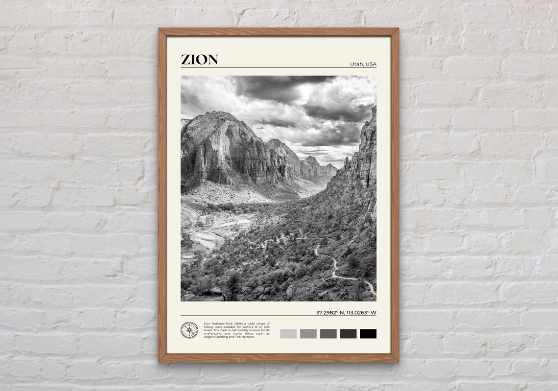 Black And White Zion National Park Print Zion Wall Art Zion Poster Zion Photo Zion Poster Print Zion Wall Decor United States Print