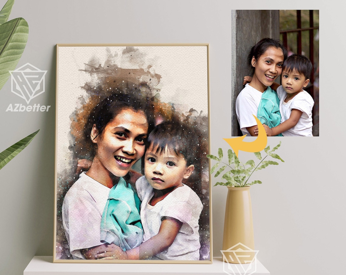 Mother And Child Watercolor Custom Photo Portrait Art Poster
