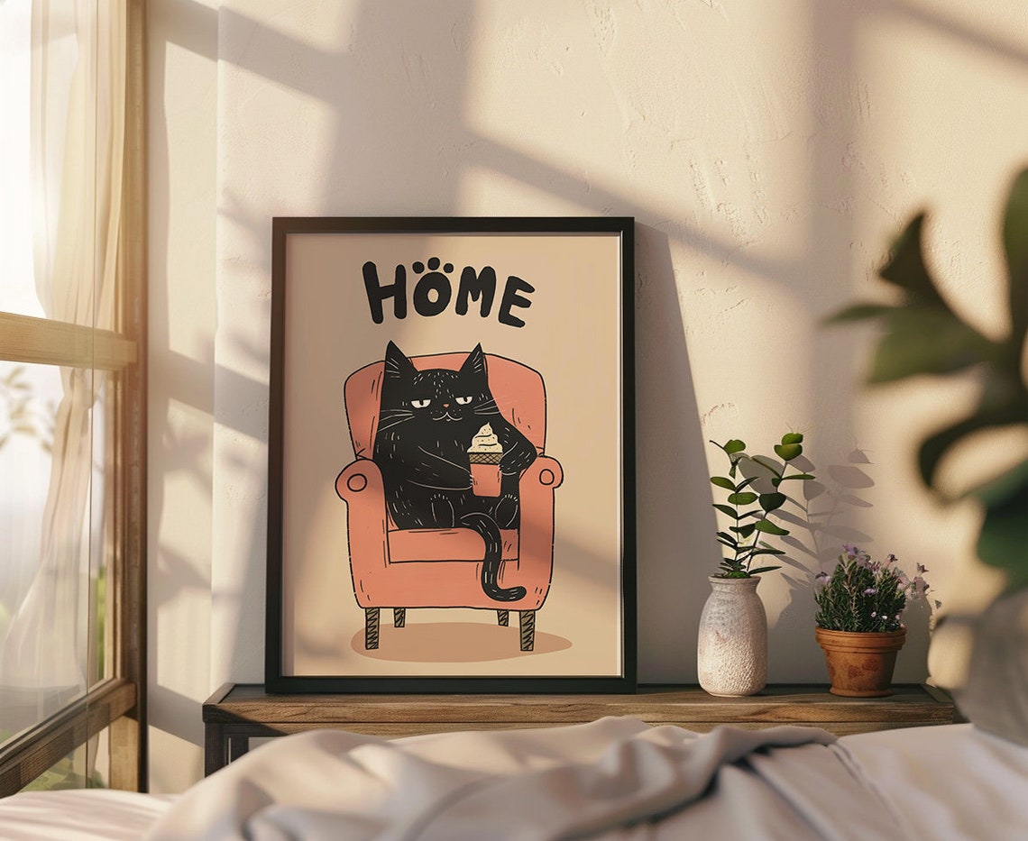 Chubby Black Cat Eating Ice Cream On A Pink Armchair Art Poster - Image 3