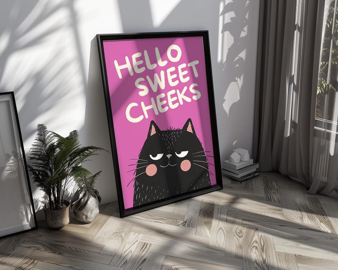 Hello Sweet Cheeks Grumpy Black Cat Face Magenta Quote Poster - Image 2