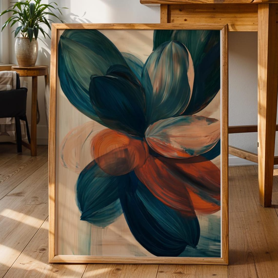 Abstract Terracotta Floral Oil Painting Print Deep Teal Petals Art
