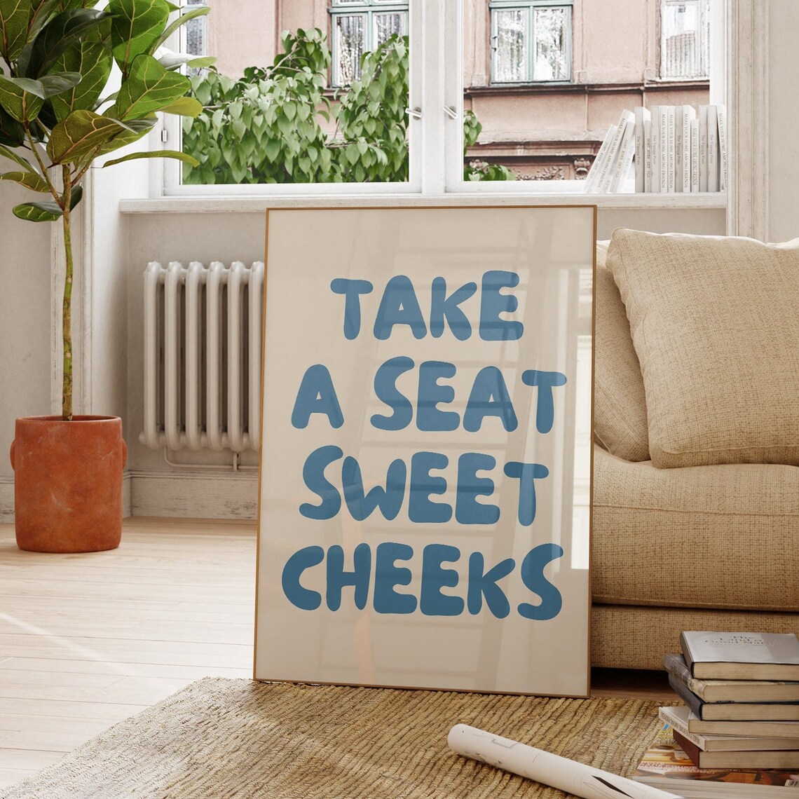 Take A Seat Sweet Cheeks Blue Retro Bathroom Poster - Image 2