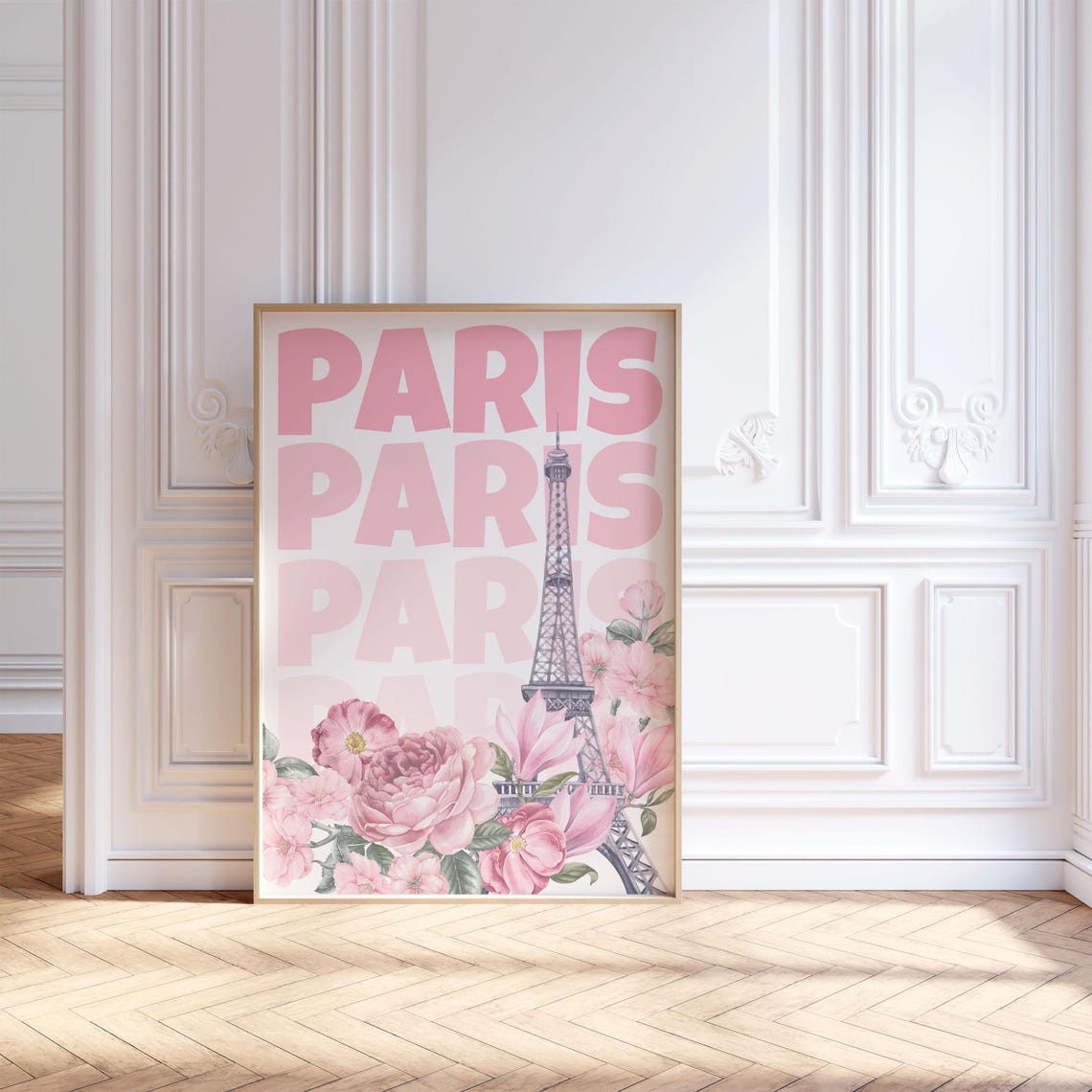 Paris Pink Dreamy Romantic Eiffel Tower Peony Floral Travel Poster