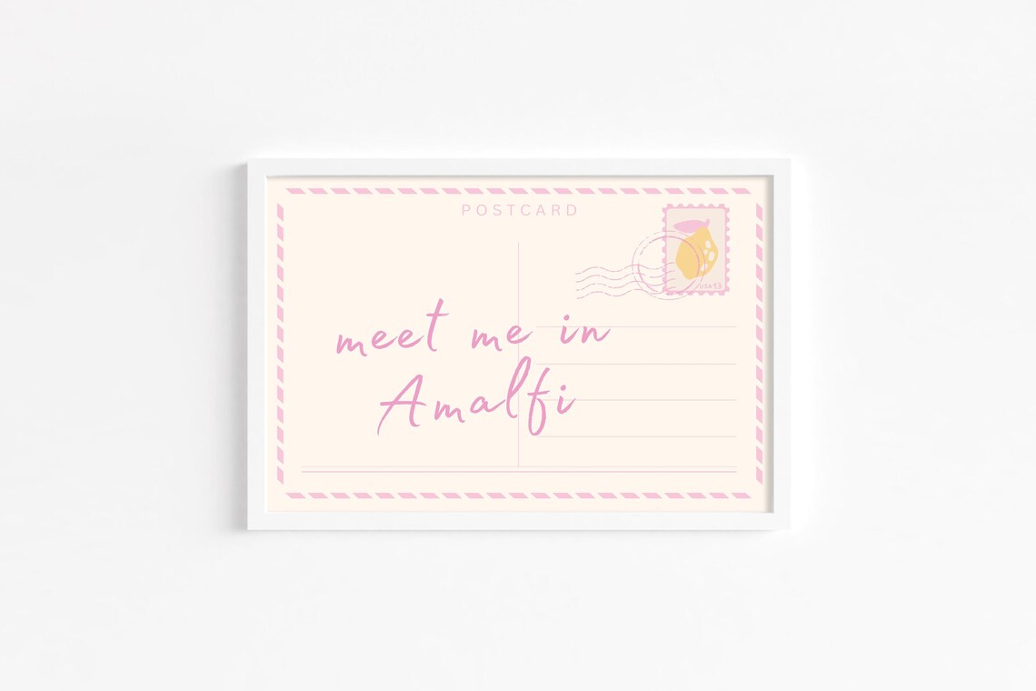 Meet Me in Amalfi Italy Coast Pink Postcard Lemon Stamp Travel Poster