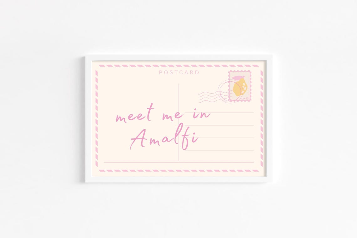 Meet Me in Amalfi Italy Pink Script Postcard Style Travel Poster